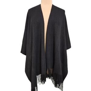 Poncho Cape Sweater Knit Wrap Fringe Black One Size Warm Cozy Mob wife Minimal